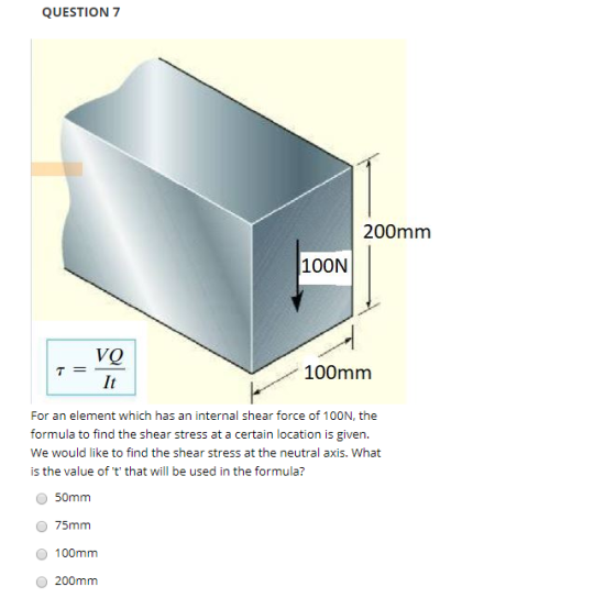 QUESTION 7 200mm 100N VO 100mm For an element which has an internal shear force of 100N, the formula to find the shear stress