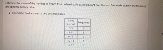 Estimate the mean of the number of french fries ordered daily at a restaurant over the past few weeks given in the following