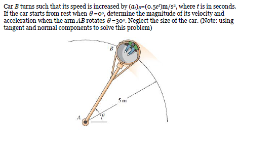Car B turns such that its speed is increased by (Q.)=(0.5e)m/s, where t is in seconds. If the car starts from rest when =0°,