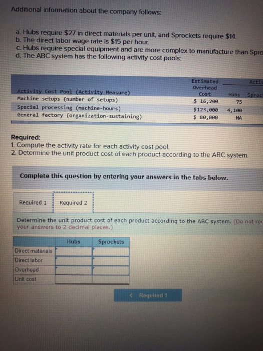Additional information about the company follows: a. Hubs require $27 in direct materials per unit, and Sprockets require $14