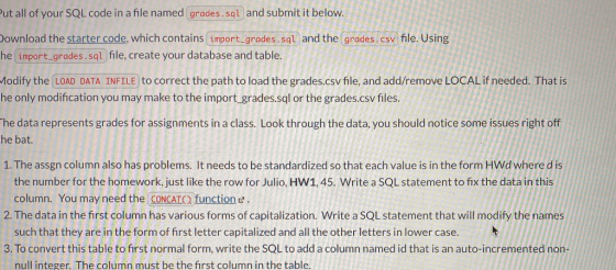 Put all of your SQL code in a file named grades.sql and submit it below. Download the starter code, which contains import_gra