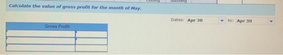 Calculate the value of gross profit for the month of May. Dates: Apr 30 to: Apr 30 Gross Profit