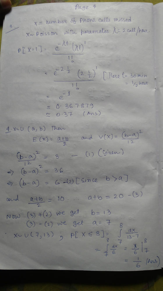 age 4 2 e. ret 3omin 二 0, 367.879 4 rU (a, b) the l 2 2 atb = 20 .. (3) (3)+(2) ( 3)-(2) get get b= a= Nour), we 13 we 8 13-7 6 Ans 6