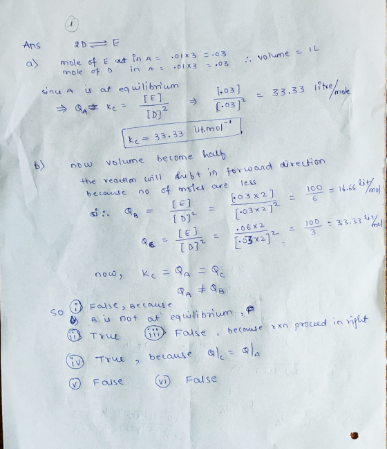 Ans ad E Mole of E at in A mole ot D .Olx3 .o3 volume IL Olx3 03 sinu A u at eq uilibnum TE] .03] 33.33 03 IDJ ut.mol ke 33.3