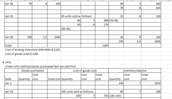Jan 20. 70 6 420 40 7 280 70 6 420 Jan 25. 25 6 150 85 units sold as follows: 40 7 280 (70-45) 270 45 6 (85-40) Jan 30. 190 5