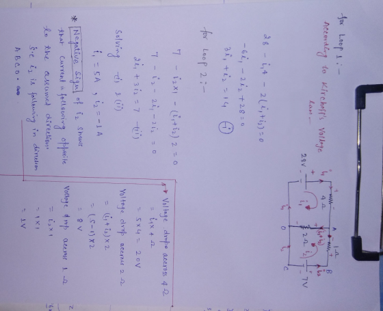 for Loop B Accovdling to Kircheffs Votlege 4 2 law + 28V E 2-2 7V -6i,-212 +28 - 0 for Loop 2 7-12x1-4i2) 2= Vol tage drpe a