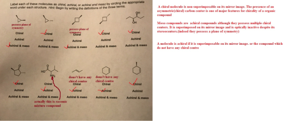 Label each of these molecules as chiral, achiral, or achiral and meso by circling the a word under each structure. Hint:Begin