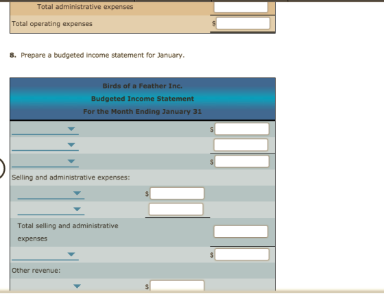 Total administrative expenses Total operating expenses 8. Prepare a budgeted income statement for January. Birds of a Feather