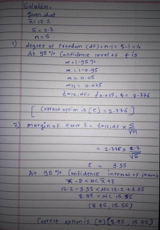 Solalion iven ht E12:2 二2. 4 egree of Ffeedom CalF):n-l = 5-1-4 At 95 o ConFidente level oF tis -0.05 E 3.35 12-2-3.35 <시 12.2 +3.35 8.35 서く 15.55 (8.85,15. S5) Correct sption is a8.85 15.55