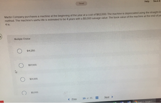 Saved Save Martin Company purchases a machine at the beginning of the year at a cost of $62,000. The machine is depreciated u