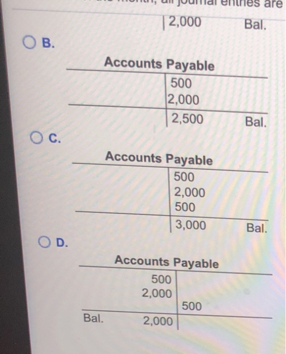 are 12,000 Bal. O B. Accounts Payable 500 2,000 2,500 Bal. C. Accounts Payable 500 2,000 500 3,000 Bal. OD. Accounts Payable