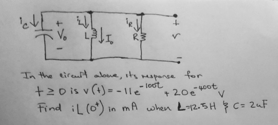 + Vo VI R3 In the circust above, its response for t=0 is u(t)=-11e - loot Find iL (ot) in mA when L-12.5H & C= 2uF + 20 x 400