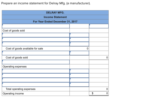 Prepare an income statement for Delray Mfg. (a manufacturer). DELRAY MFG. Income Statement For Year Ended December 31, 2017 C