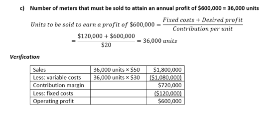 c) Number of meters that must be sold to attain an annual profit of $600,000 = 36,000 units Fixed costs + Desired profit Unit