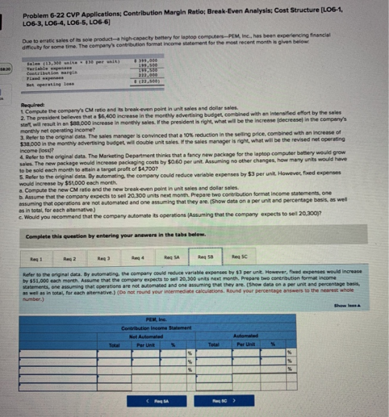 Problem 6-22 CVP Applications; Contribution Margin Ratio: Break-Even Analysis: Cost Structure (L06-1. LO63, LO6-4, LO6-5, LO6