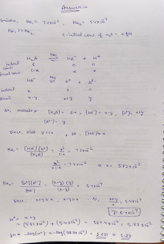 Answers buren, Ka = 7.2X102, kaz 9. - Nyx 69 s. Как ?> <a, c=initial conc. of H₂A = 0.1m н, А HA + Ht intral cont final cone