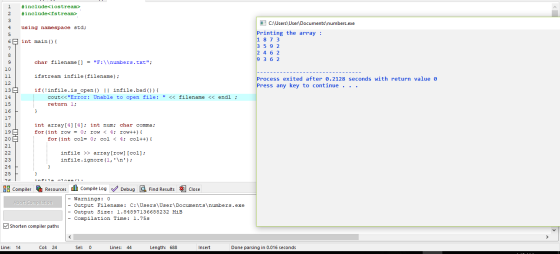 1 #include<iostream> #include<fstream> 2 3 4 5 using namespace std; 6 int main() { C:\Users\User\Documents\numbers.exe Printi