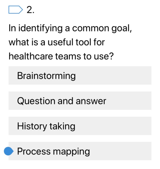 2. In identifying a common goal, what is a useful tool for healthcare teams to use? Brainstorming Question and answer History