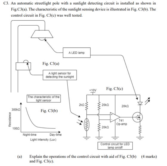 C3. An automatic streetlight pole with a sunlight detecting circuit is installed as shown in Fig.C3(a). The characteristic of