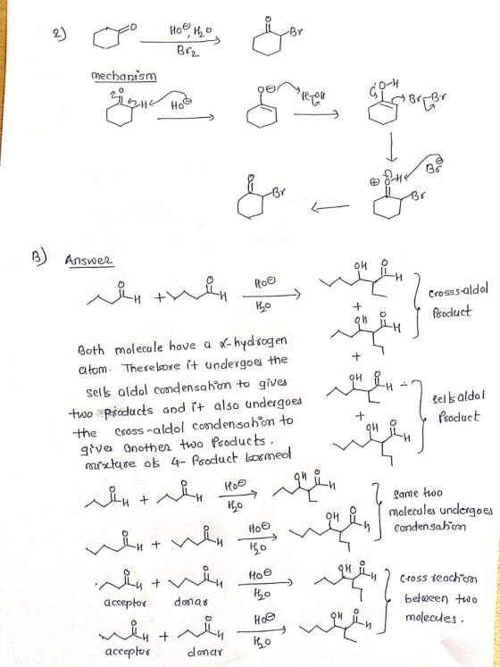 2) do 10% on or Br2 mechanism Ion oru para امیم ser BorBr Hoo So B) Answer Hoo Crosssaldol tho of tot + Product 1 ta Sel bald