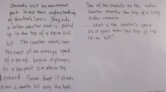 One of the students on the roller Coaster records the trip w/ a 1.5kg video camera in what is the coasters speed as it goes