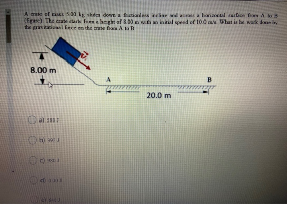 A crate of mass 5.00 kg slides down a frictionless incline and across a horizontal surface from A to B (figure) The crate sta