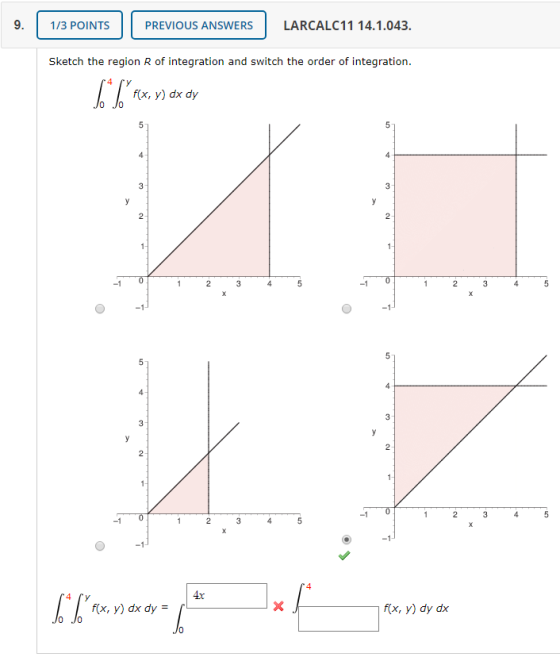 1/3 POINTS PREVIOUS ANSWERS LARCALC11 14.1.043. Sketch the region R of integration and switch the order of integration. 14 y