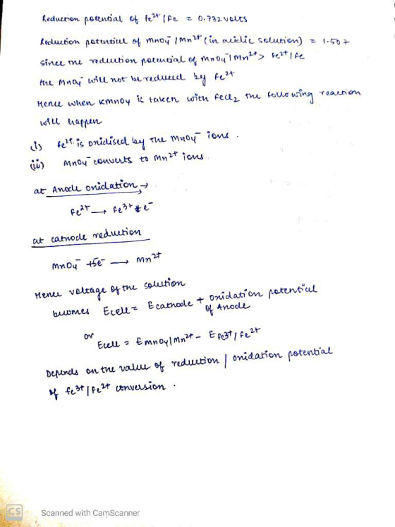 Reducnon potential of le? (Fe 2 0.732 VOLCs Koduction natutut o mnou mnt (in acidic solution) = 1.507 since the reduction pot
