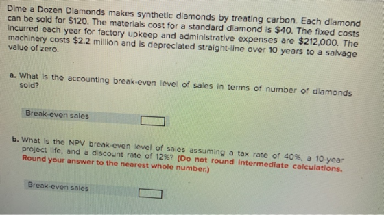 Dime a Dozen Diamonds makes synthetic diamonds by treating carbon. Each diamond can be sold for $120. The materials cost for
