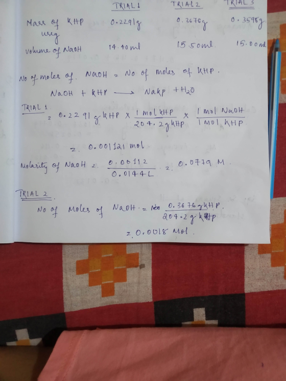 TRIALI TRIAL2 TRIAL 0.2291g 0.3676g 0.35987 Mass of KAP useg volume of Naoh 14.40 ml 15.50ml. 15.oome NaOH a No moles of of N
