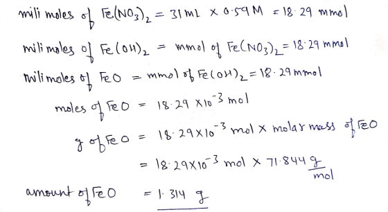 mili moles of Fe(NO3), = 31m1 X 0.59 M = 18:29 mmol mili moles of Fe(OH)2 mmal Fe(NO3)2 = 18.29 mmol milimales of Feo mmol of
