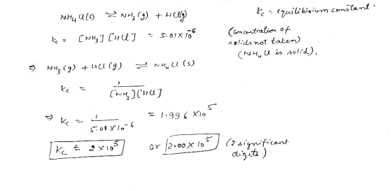 NH UC) ENHE (9) + HUG ke = (NH3] Chce] =5.01xión Kc = equilibrium constant Concentration of solids not taken) (NHue is solid)