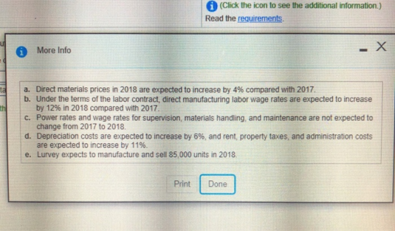 (Click the icon to see the additional information.) Read the requirements 1 More Info a. Direct materials prices in 2018 are