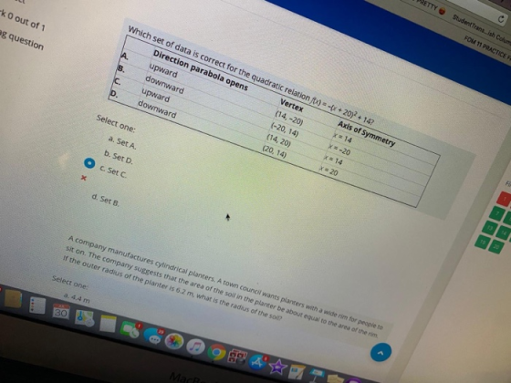 ko out of 1 RETTY Student Trans..ish Colum FOM 11 PRACTICEF eg question Which set of data is correct for the quadratic relati