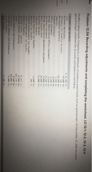 Problem 12.5A Recording adjustments and completing the worksheet. LO 12-1, 12-2, 12-3, 12-4 Healthy Eating Foods Company is a