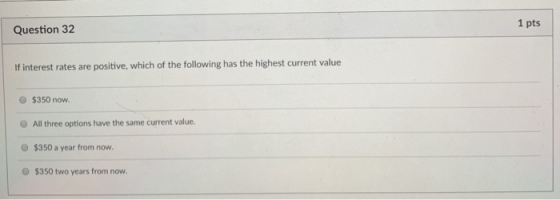 1 pts Question 32 If interest rates are positive, which of the following has the highest current value O $350 now. O All thre