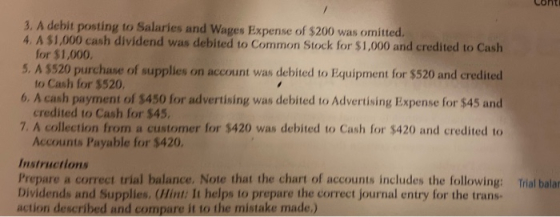 3. A debit posting to Salaries and Wages Expense of $200 was omitted, 4. A $1,000 cash dividend was debited to Common Stock f