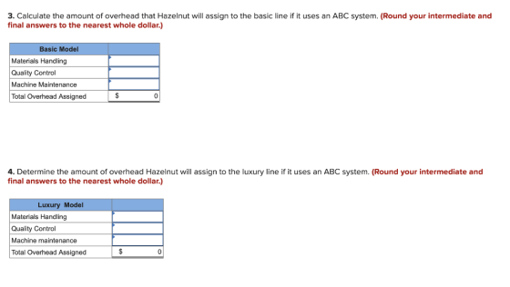 3. Calculate the amount of overhead that Hazelnut will assign to the basic line if it uses an ABC system. (Round your interme