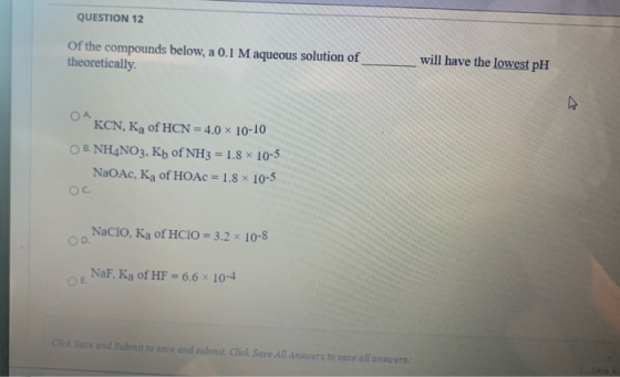 QUESTION 12 of the compounds below, a 0.1 M aqueous solution of theoretically. will have the lowest pH ОА KCN, Ka of HCN= 4.0