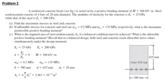 Problem 2 A reinforced concrete beam (see fig.) is acted on by a positive bending moment of M - 160 kNm. Steel reinforcement