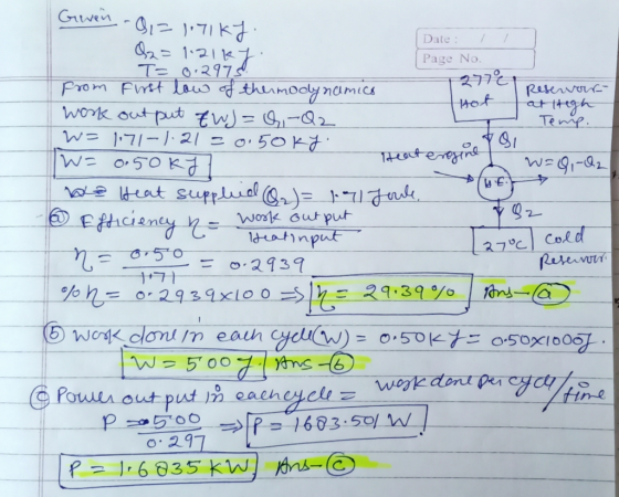1277€ - Given -81=171 kJ Date: 1 - Q2 = 1.21ky. Page No. T= 0.2975 From first low of thermodynamics Reservoir- Hot at High wo