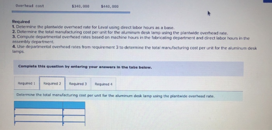 Overhead cost $340,000 $440,000 Required 1. Determine the plantwide overhead rate for Laval using direct labor hours as a bas