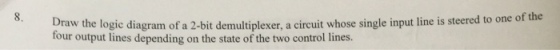 Draw the logic diagram of a 2-bit demultiplexer, a