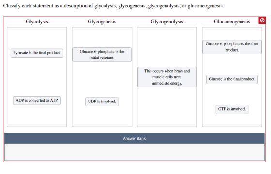 Classify each statement as a description of glycolysis, glycogenesis, glycogenolysis, or gluconeogenesis. Glycolysis vcolysis