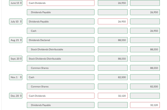 June 15 Cash Dividends 26,950 Cash Dividends Dividends Payable Dividends Payable C 26,950 July Dividends Payable C 26.950 Cas