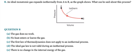 8. An ideal monatomic gas expands isothermally from A to B, as the graph shows. What can be said about this process? Isotherm