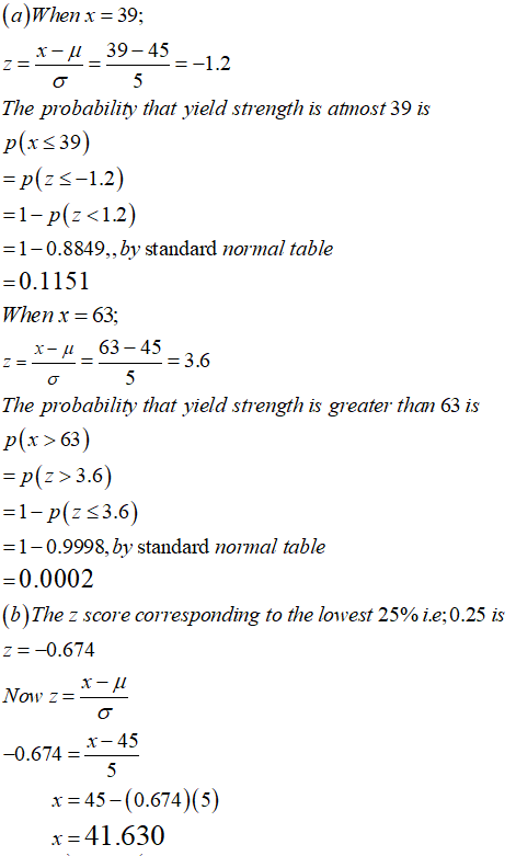 aWhen x-39; x_μ 39-45 The probability that yield strength is atnost 39 is p rs 39 -p(zs-1.2) 1-0.8849,, by standard normal table 0.1151 When x - 63; 3.6 The probability that yield strength is greater than 63 is P(x> 63) Pz>3.6) 1-0.9998, by standard normal table 0.0002 (b)The z score corresponding to the lowest 25% ie:025 is -=-0.674 x-45 x = 45-(0674 )(5) x = 4 1 .630