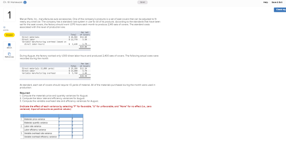 Ch. 10: Homework A Saved Help Save & Exit Check my Marvel Parts, Inc., manufactures auto accessories. One of the companys pr