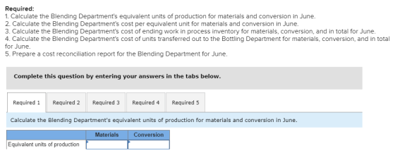 Required: 1. Calculate the Blending Departments equivalent units of production for materials and conversion in June. 2. Calc