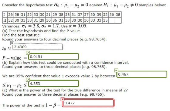 Consider the hypothesis test HO : Mi - M2 O against H: Mi - H2 + 0 samples below: I 36 38 31 32 33 30 31 29 38 38 31 37 37 30